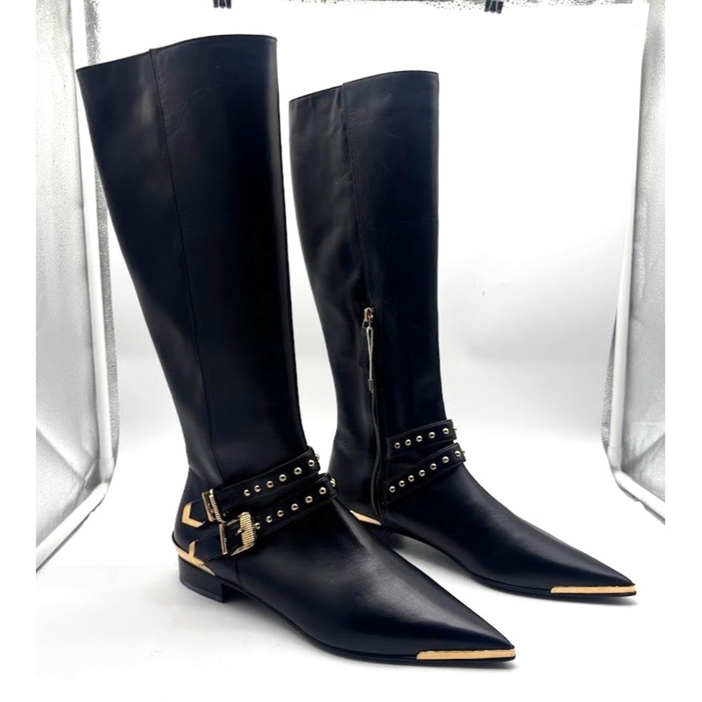 Versace Black Leather Knee High Boots IT 39.5 US 9.5 Gold Studded Buckle NIB